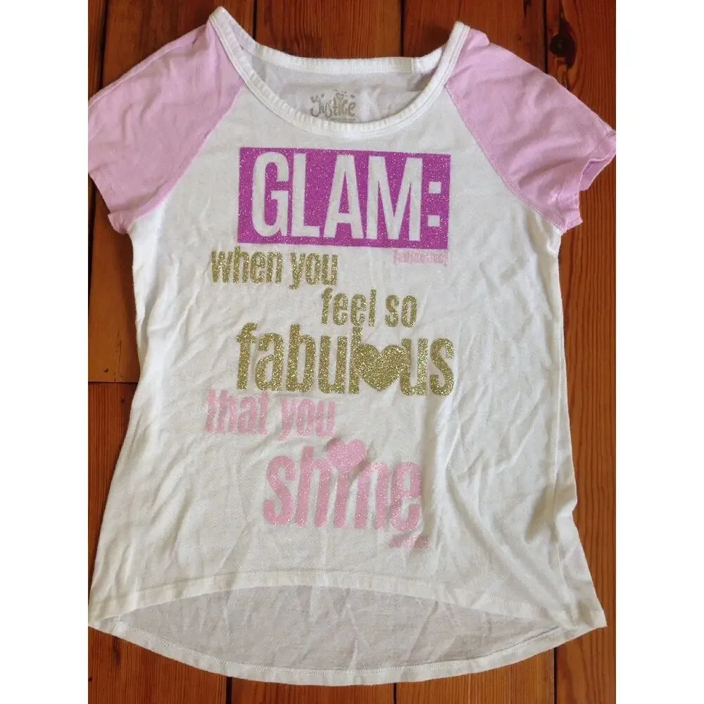 Justice Sparkle GLAM Fabulous SHINE Funky Graphic Girls Pink Gold T-Shirt 12